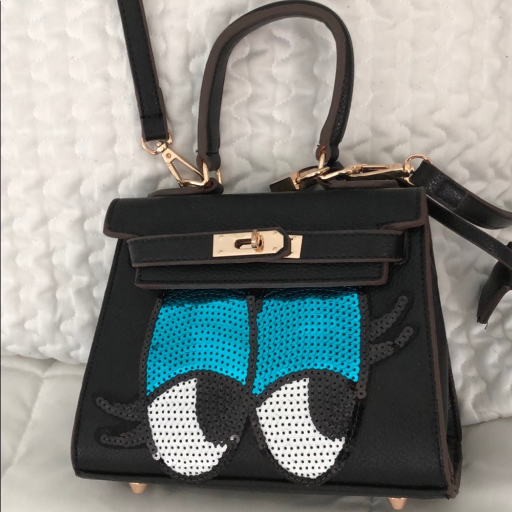 SEQUINED KOREAN LEATHER EYE BLACK BAG NWOT